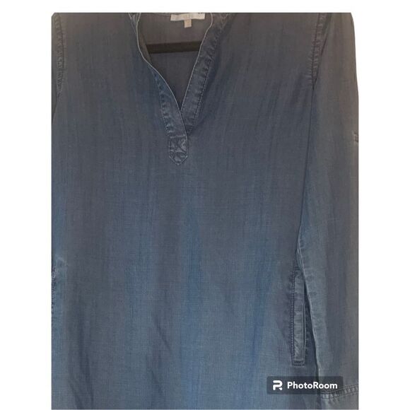 Laju Women's Blue Dark Wash Chambray V-Neck Long-Sleeve Shift Dress Size XS - Picture 3 of 6